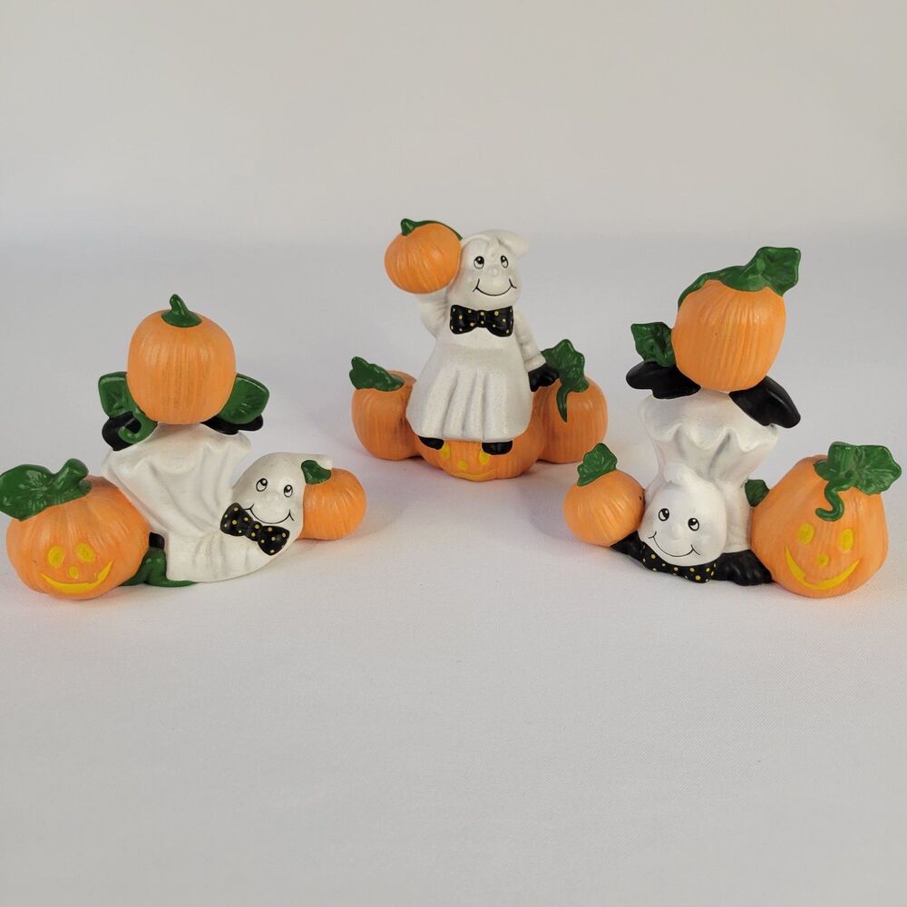 Vtg Set 3 Hand Painted Halloween Ceramic Figurines Silly Happy Ghosts Pumpkins